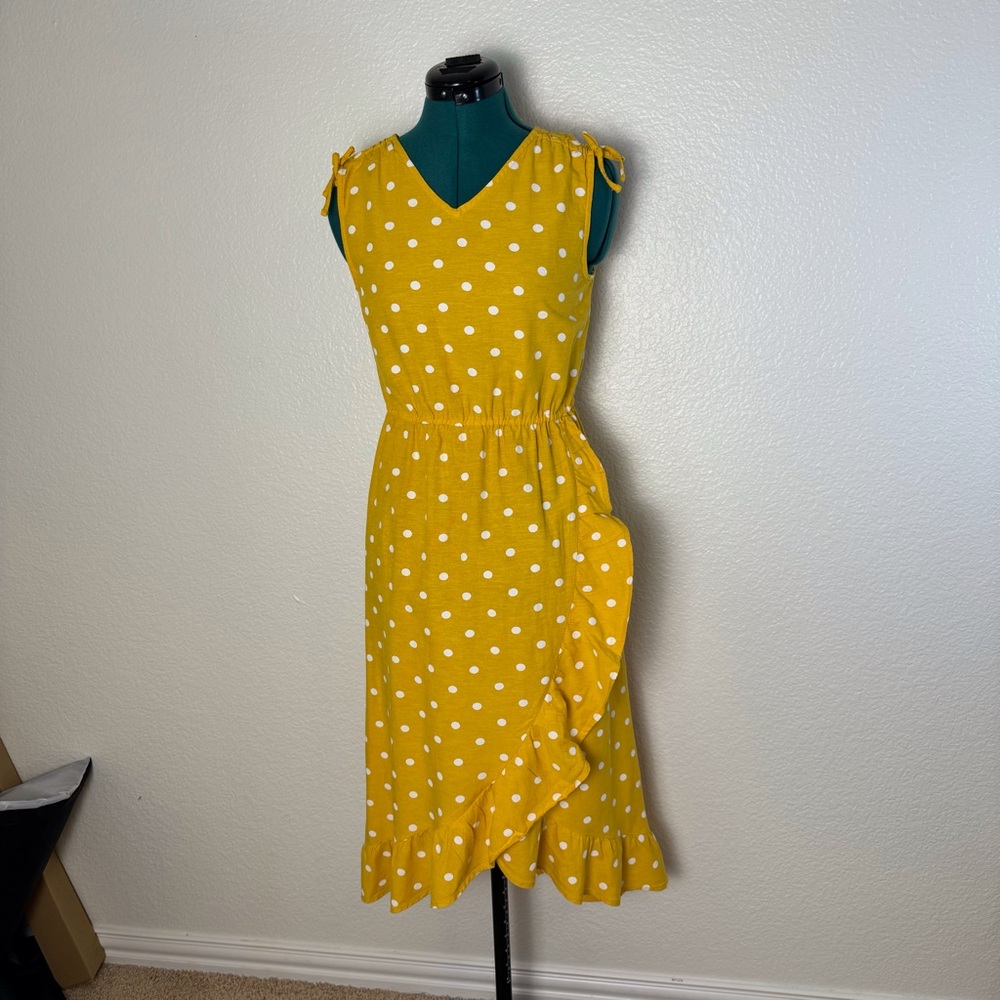 Girls Old Navy Sz 16 Yellow polkadot mock wrap midi dress sleeveless pullover